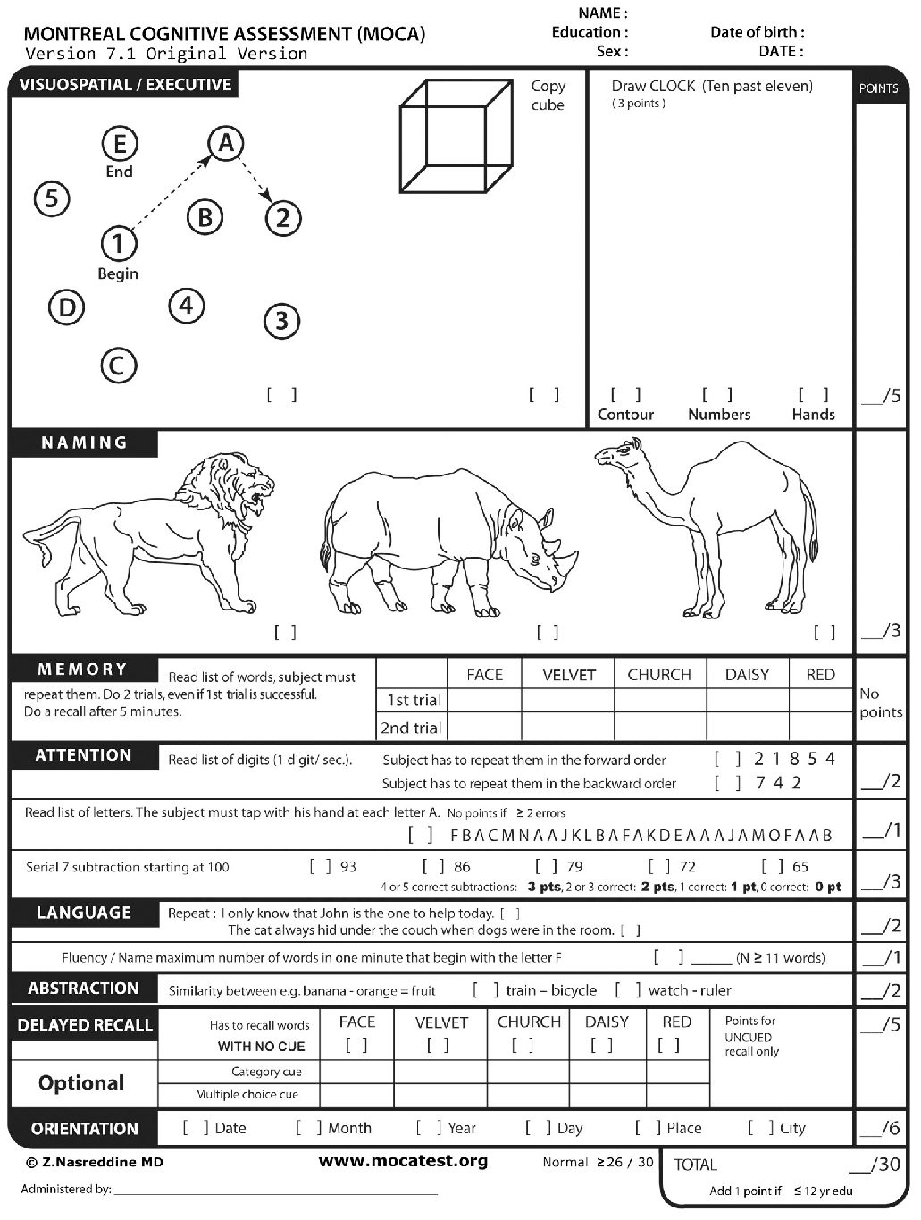free one moca cognitive test for dementia